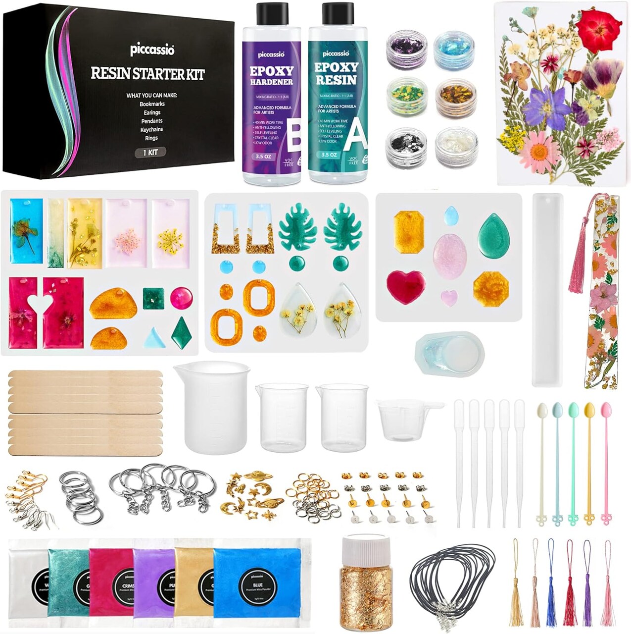 Resin Kit for Beginners – 208-Piece Jewelry Making & Craft Kit with Molds, Dried Flowers, Glitter & Tools – Complete Starter Set for Keychains, Bookmarks, Pendants & DIY Resin Art